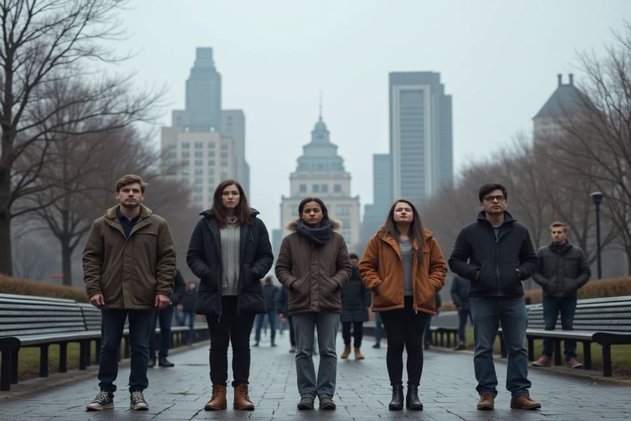 Grupo diverso de pessoas em parque urbano, separadas, com expressões neutras, mostrando isolamento social.