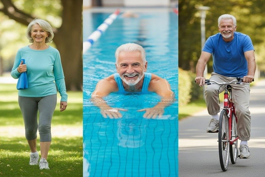 Três pessoas maduras praticando atividades de baixo impacto: uma caminhando, outra nadando e outra pedalando.