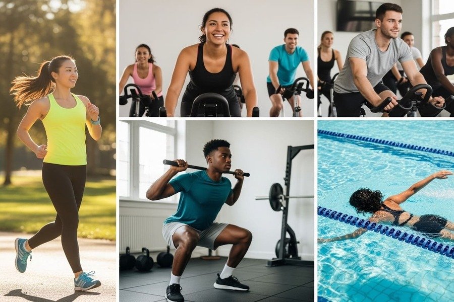 Quatro atividades físicas diferentes: corrida, spinning, agachamento e natação.