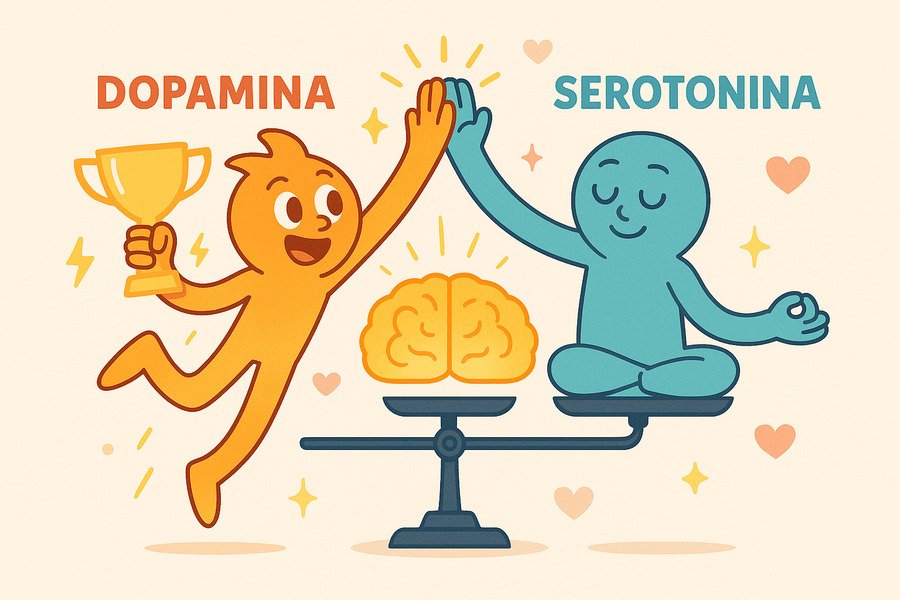 Infográfico com personagens ilustrando a dopamina como energia e a serotonina como calma, equilibrando o cérebro