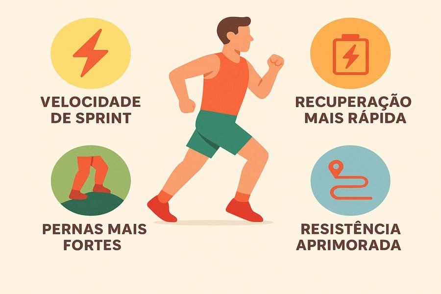 Infográfico destacando os principais benefícios da creatina para corredores: velocidade, força, recuperação e resistência.