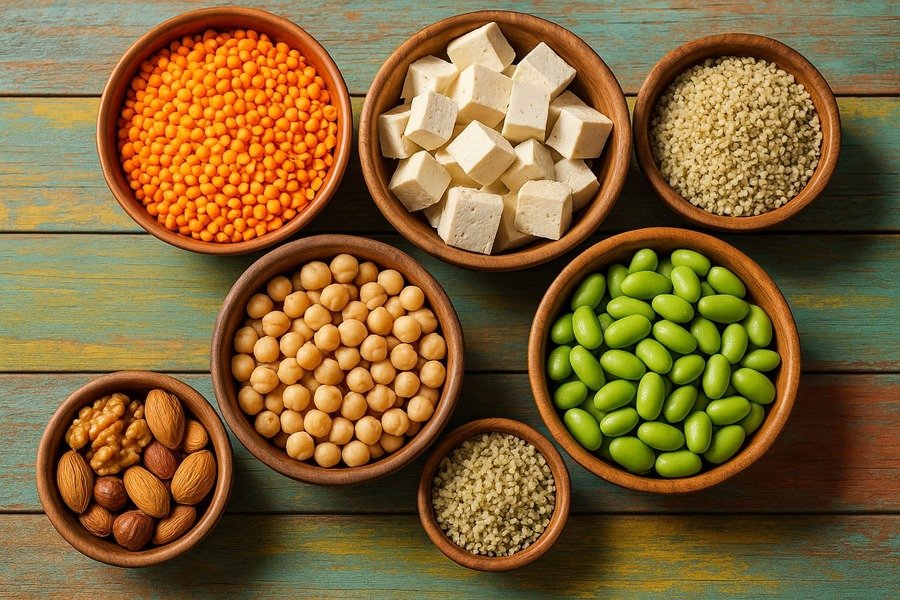 Vista superior de tigelas com alimentos vegetais ricos em proteína, como lentilhas, tofu, quinoa e sementes, sobre uma mesa rústica.