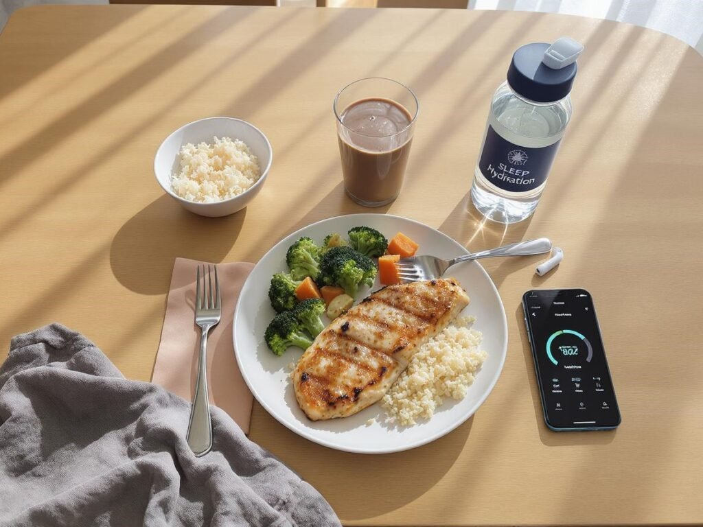 Refeição pós-treino com frango, arroz, legumes, shake proteico e celular com app de sono.