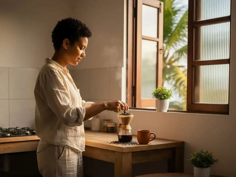 Pessoa em rotina matinal tranquila: café, alongamento ou planejamento, luz dourada da manhã em cozinha/varanda brasileira, representando benefícios reais de acordar cedo.