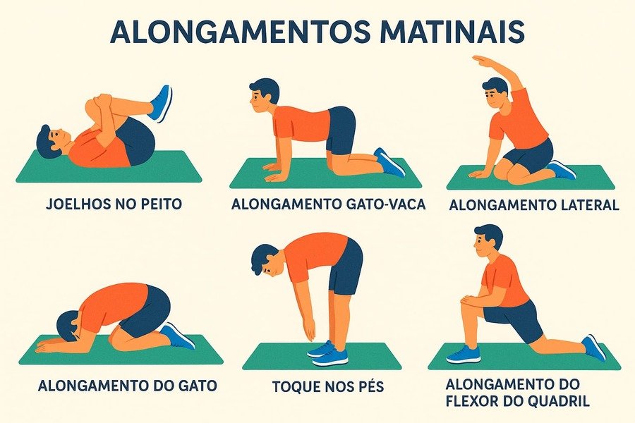 Infográfico mostrando diferentes posturas de alongamento matinais, legendadas para fácil referência.