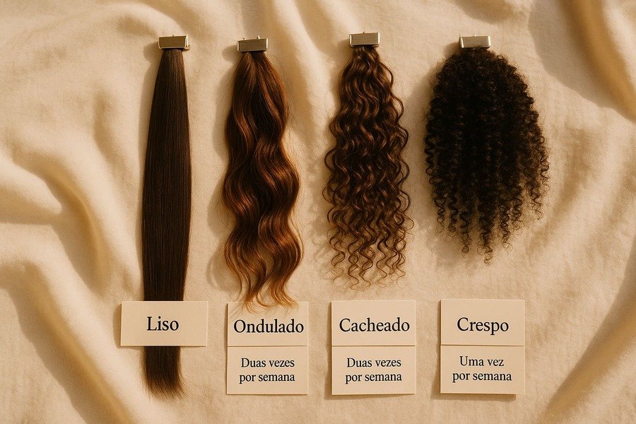 Lavar o cabelo todo dia faz mal? Imagem plana de diferentes tipos de cabelo, etiquetados com a frequência de lavagem sugerida, sobre um fundo de tecido macio.
