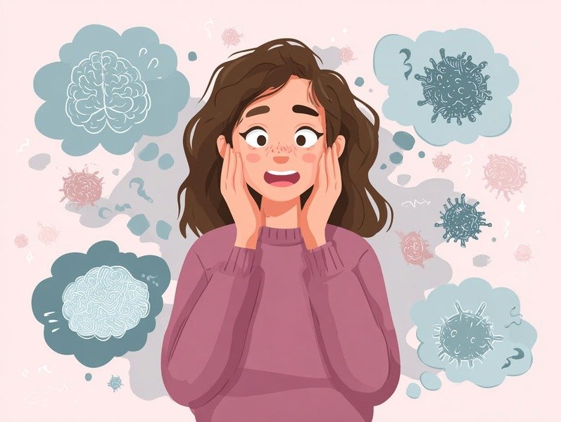 Desenho de uma pessoa com balões de pensamento mostrando sintomas como cansaço, formigamento, confusão mental e mudanças de humor.