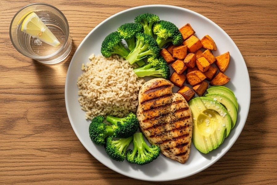 Prato saudável com proteínas, carboidratos bons e vegetais, ideal para comer após uma corrida.
