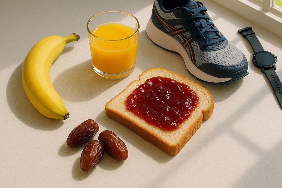 Café da manhã leve com banana, suco de laranja, pão com geleia e tâmaras, ao lado de um par de tênis de corrida.