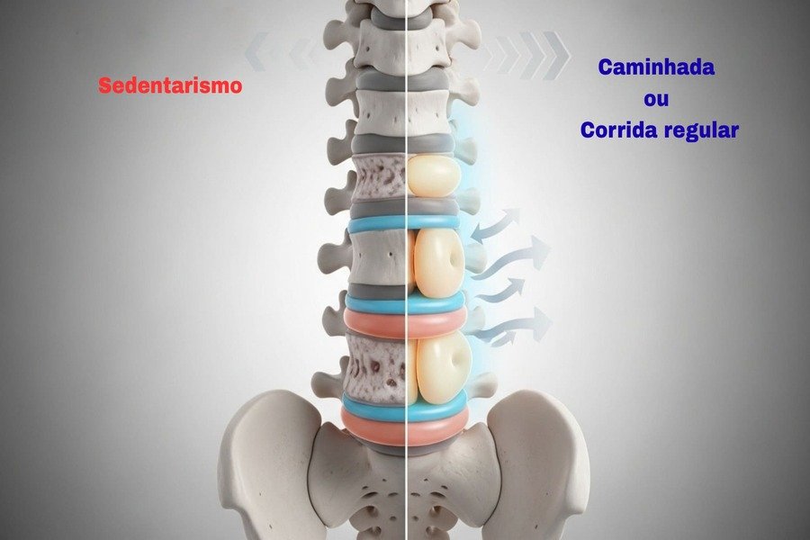 Ilustração comparativa mostrando discos da coluna comprimidos e saudáveis, destacando o efeito do movimento.