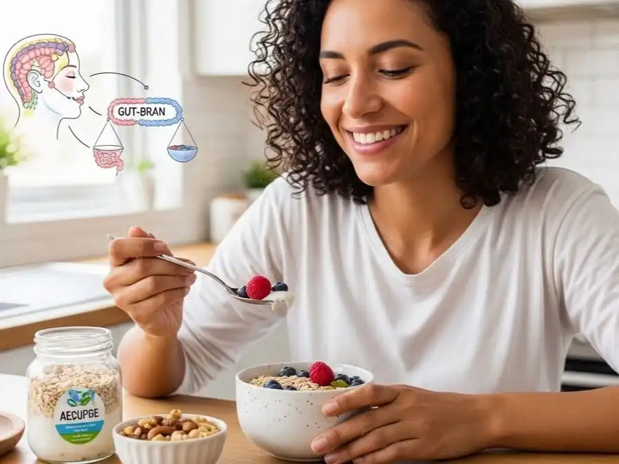 sorrindo ao comer refeição rica em probióticos e ômega-3, cozinha brasileira com luz natural, representando eixo intestino-cérebro e impacto positivo no humor.