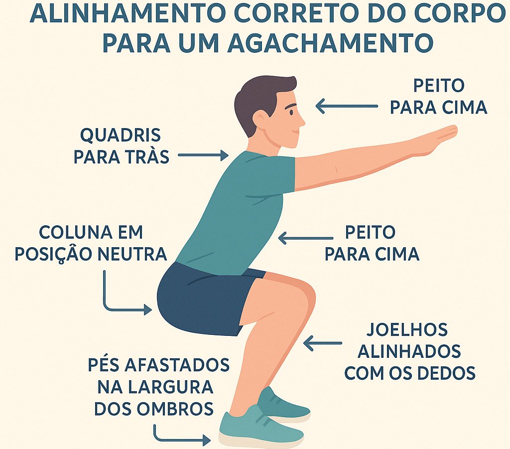 Ilustração técnica explicando a forma correta do agachamento, com alinhamento ideal dos pés, joelhos, quadril e coluna.