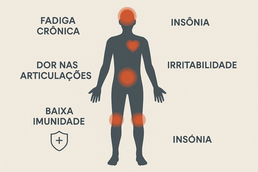 • Ilustração de corpo humano destacando áreas afetadas por excesso de treino, com sintomas físicos e mentais ao redor.