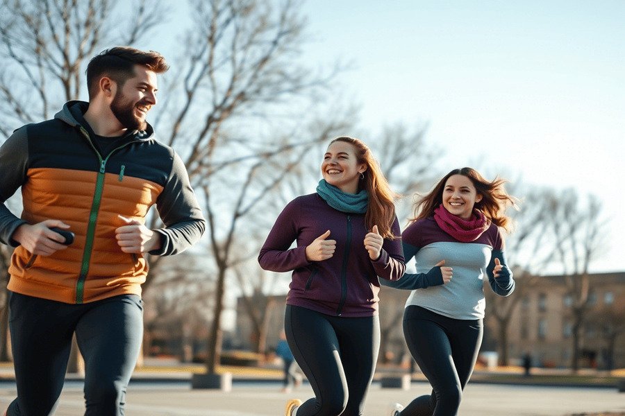 Grupo de amigos se exercitando e se divertindo em um parque durante o inverno leve do Brasil.