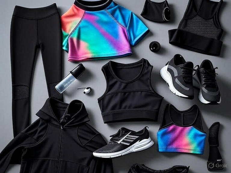 Layout plano de itens essenciais de vestuário esportivo de alta qualidade, incluindo leggings, top, tênis e acessórios.