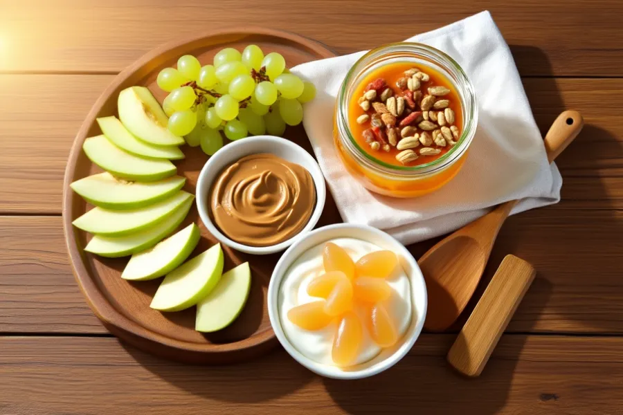 Como controlar o desejo por açúcar. Prato com maçã e pasta de amendoim, uvas congeladas e iogurte com mel, mostrando alternativas saudáveis ao açúcar.