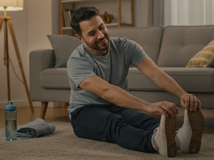 Homem relaxando após se alongar no chão da sala, com expressão leve e ambiente aconchegante.
