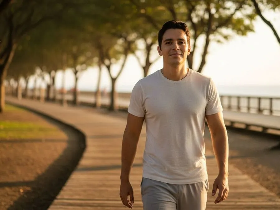 recuperação pós-treino - Pessoa caminhando relaxada em parque ao amanhecer/entardecer, representando descanso ativo e recuperação inteligente.
