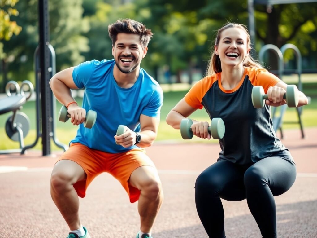 Duas pessoas rindo enquanto fazem agachamentos em uma academia ao ar livre, com camisetas coloridas, tênis e parque verde ao fundo.
