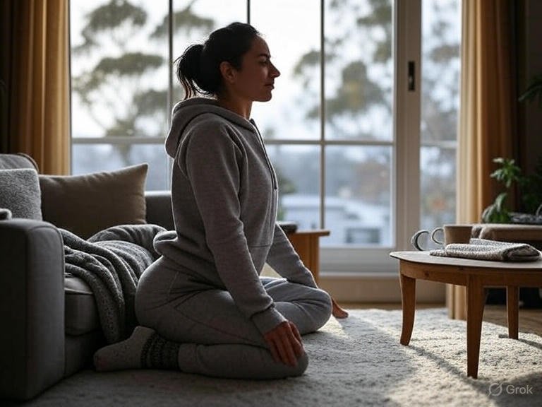 Mulher praticando yoga em casa durante o inverno no Brasil, com uma xícara de chá ao lado e o clima frio visto pela janela.