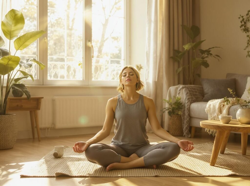 benefícios de acordar cedo: Pessoa fazendo alongamento ou yoga pela manhã em uma sala iluminada, transmitindo calma, autocuidado e equilíbrio logo no começo do dia.