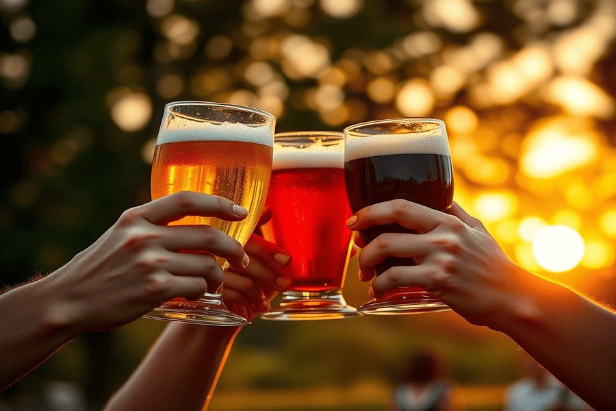 Mãos brindando com diferentes tipos de cerveja ao pôr do sol, em clima de celebração e amizade.