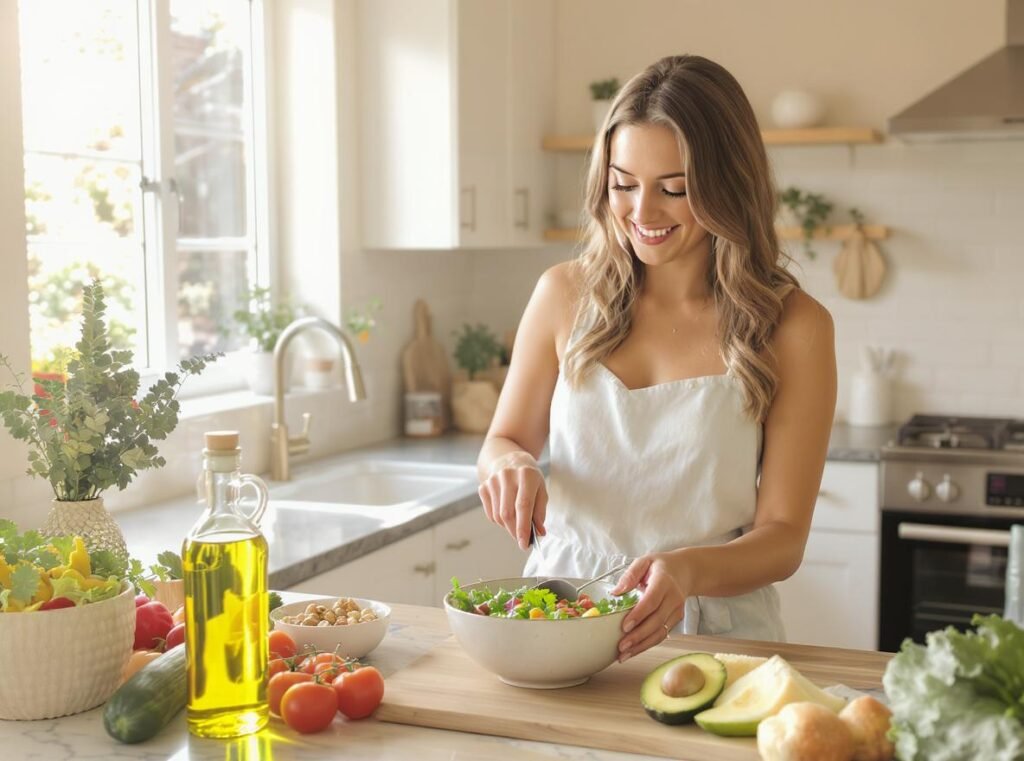 Mulher sorridente em uma cozinha iluminada preparando uma salada com abacate, sementes e azeite, representando um estilo de vida equilibrado e saudável.