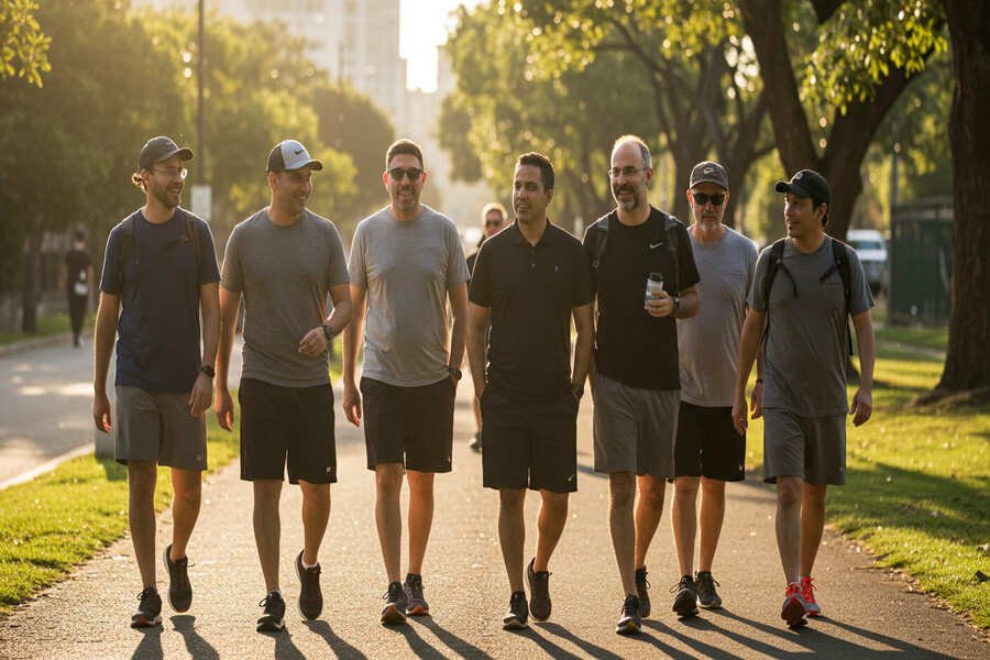 Grupo de homens caminhando juntos e sorrindo, simbolizando apoio mútuo e amadurecimento coletivo.