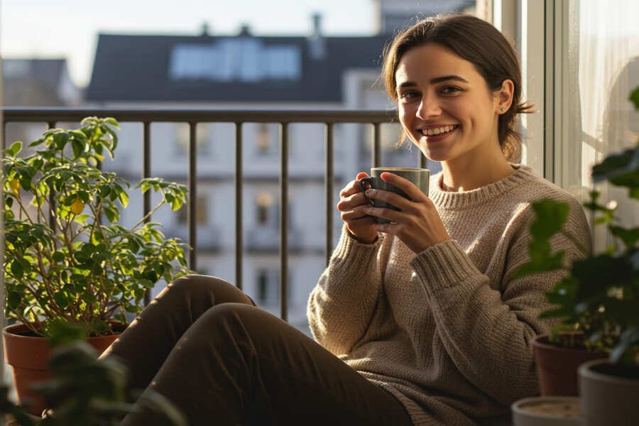 Pessoa sorrindo em uma varanda ensolarada com café e plantas, em um momento tranquilo