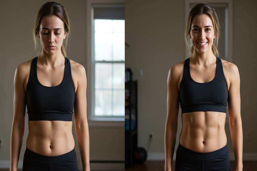 Foto antes e depois de mulher mostrando evolução no abdômen com dieta e treino.