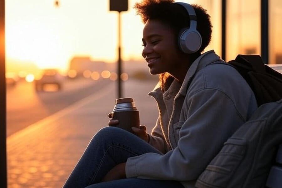 Pessoa sentada em um ponto de ônibus pela manhã, ouvindo um podcast e desfrutando de um início de dia calmo com a luz quente do nascer do sol.
