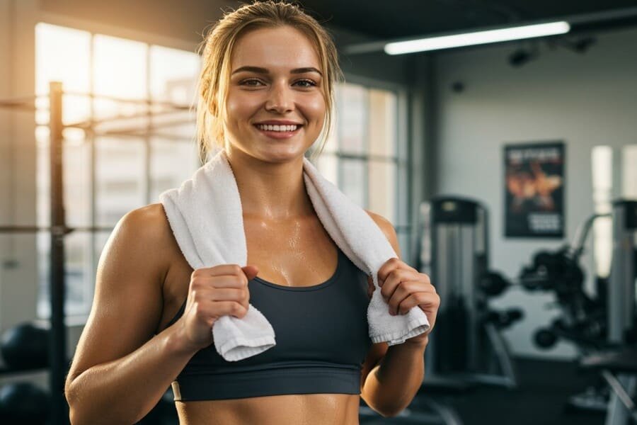 Jovem em forma sorrindo confiantemente após o treino, abdômen visível sob roupa esportiva.