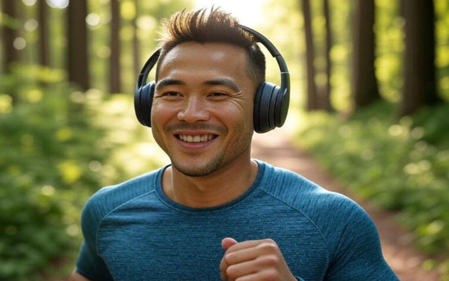 Homem sorrindo enquanto corre em uma trilha arborizada, representando bem-estar e prevenção de lesões.