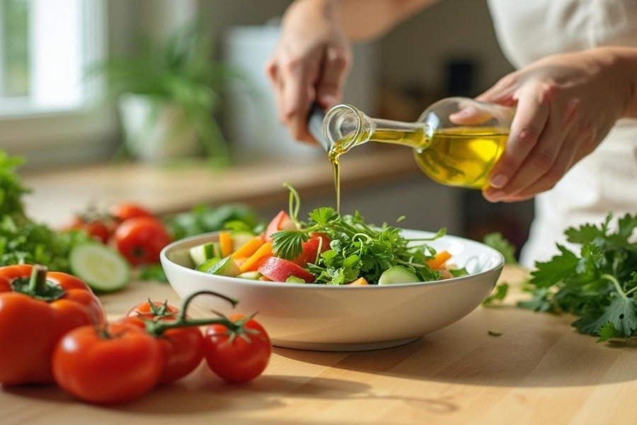 Pessoa preparando salada fresca com vegetais e azeite numa cozinha iluminada.