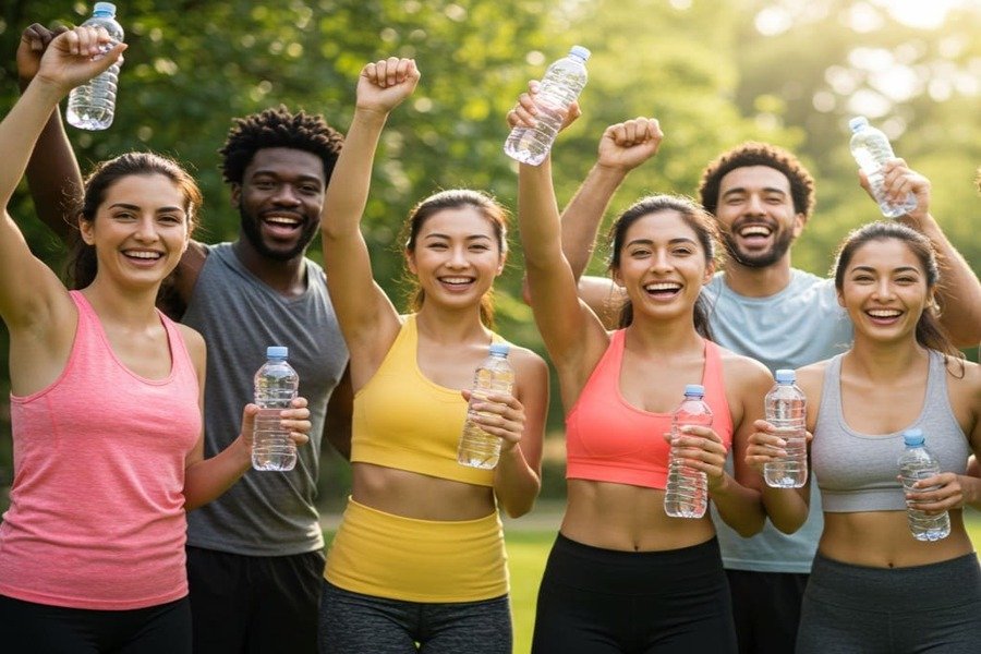 Grupo diversificado de pessoas sorridentes ao ar livre após o treino, mostrando energia, saúde e felicidade.