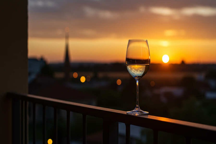 Taça de vinho solitária ao entardecer, sobre uma varanda, com vista tranquila ao fundo.