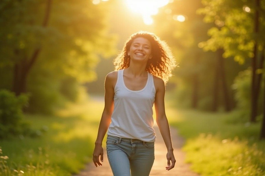 Pessoa caminhando ao ar livre com expressão feliz, representando os benefícios de uma alimentação rica em proteínas.