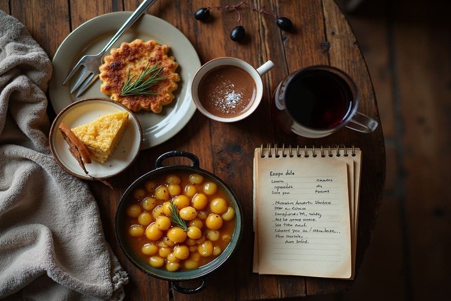 Mesa rústica com alimentos de inverno: pinhão cozido, bolo de milho, chocolate quente e vinho tinto, ao lado de caderno de receitas.
