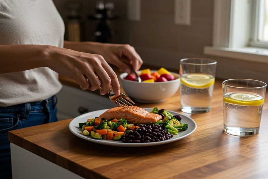 Pessoa preparando prato saudável com salmão, legumes e feijão, em cozinha iluminada naturalmente, com frutas e água com limão ao lado.