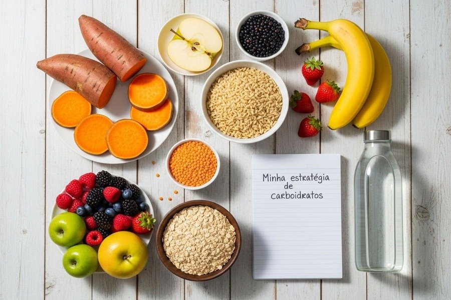 Mesa de madeira com alimentos ricos em carboidratos saudáveis organizados (como batata-doce, arroz integral, aveia, frutas e lentilhas), com caderno e garrafa d’água ao lado.