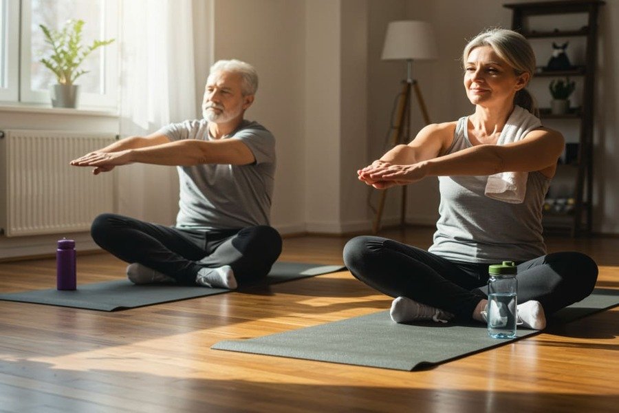 Casal sentado em tapetes de yoga, relaxando após o treino, com expressão de tranquilidade e conexão.