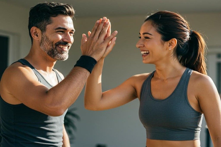 Casal comemorando após o treino, mostrando parceria e equilíbrio entre força e movimento.