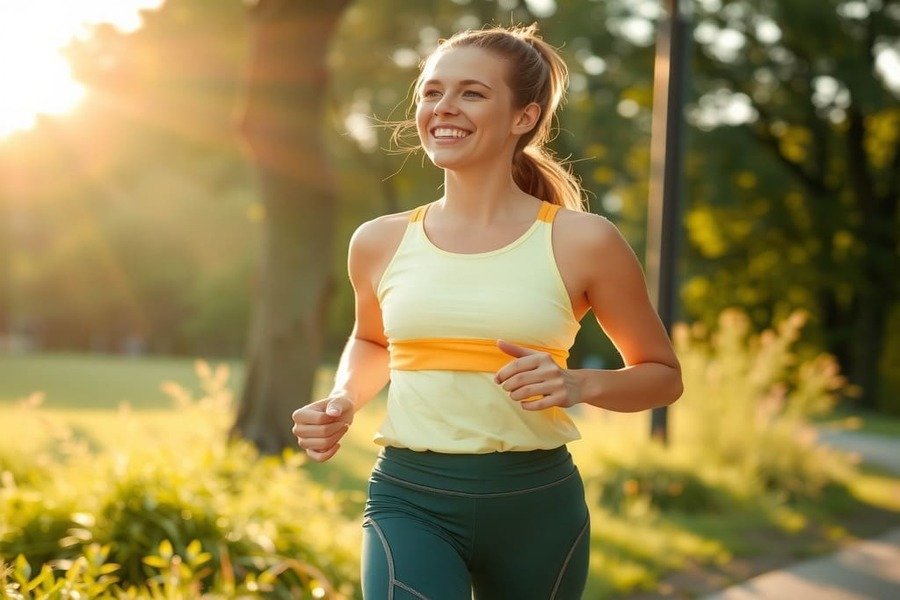 Pessoa sorridente caminhando de forma leve em meio à natureza pela manhã