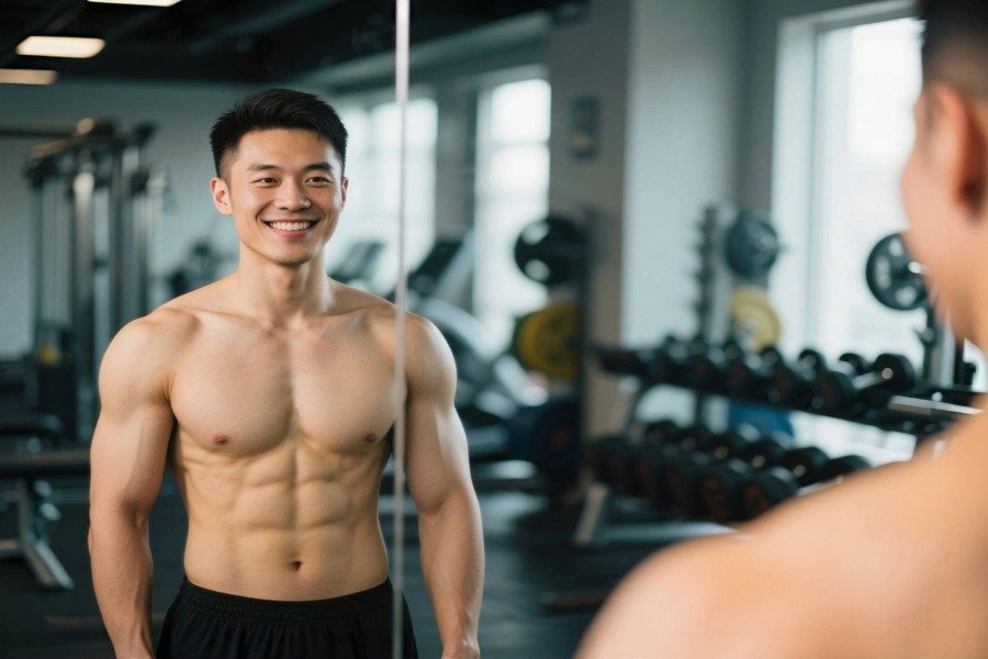 Pessoa feliz se olhando no espelho após o treino, sentindo-se realizada com os resultados conquistados.