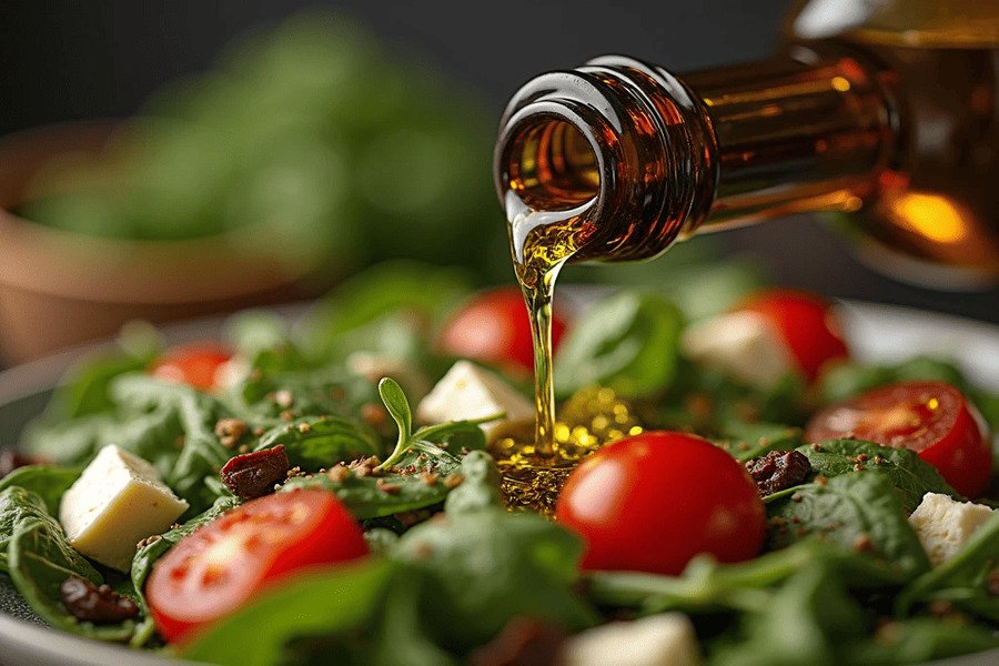 Close-up de azeite de oliva sendo derramado sobre uma salada mediterrânea fresca.