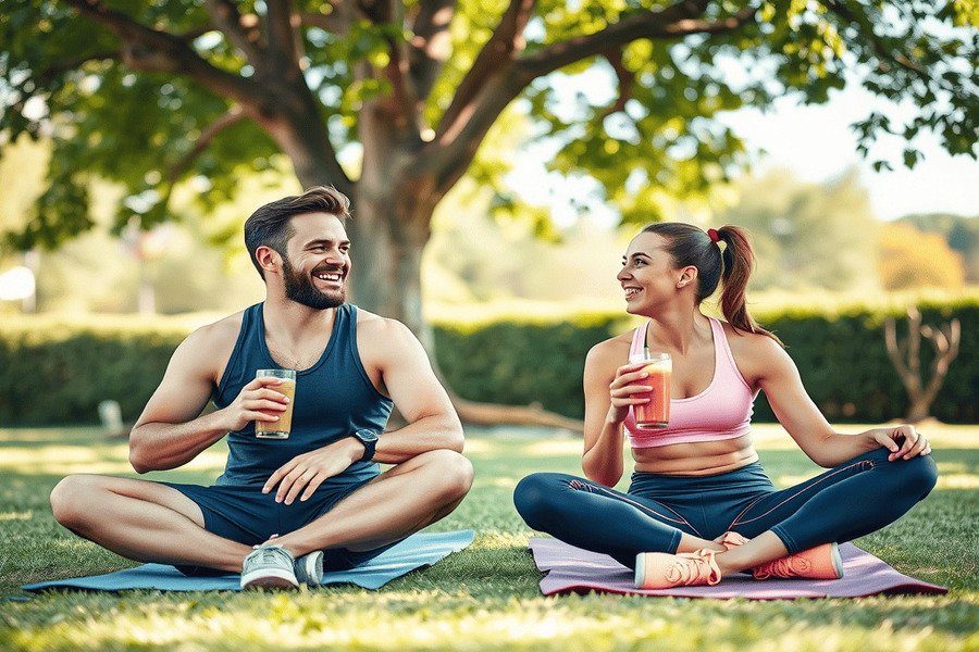 Casal se recuperando após o treino com smoothies, sentados ao ar livre, transmitindo saúde e vitalidade.