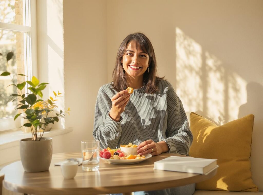 Mulher sorridente aproveitando um lanche saudável e água em casa, representando hábitos alimentares equilibrados que promovem o bem-estar mental.