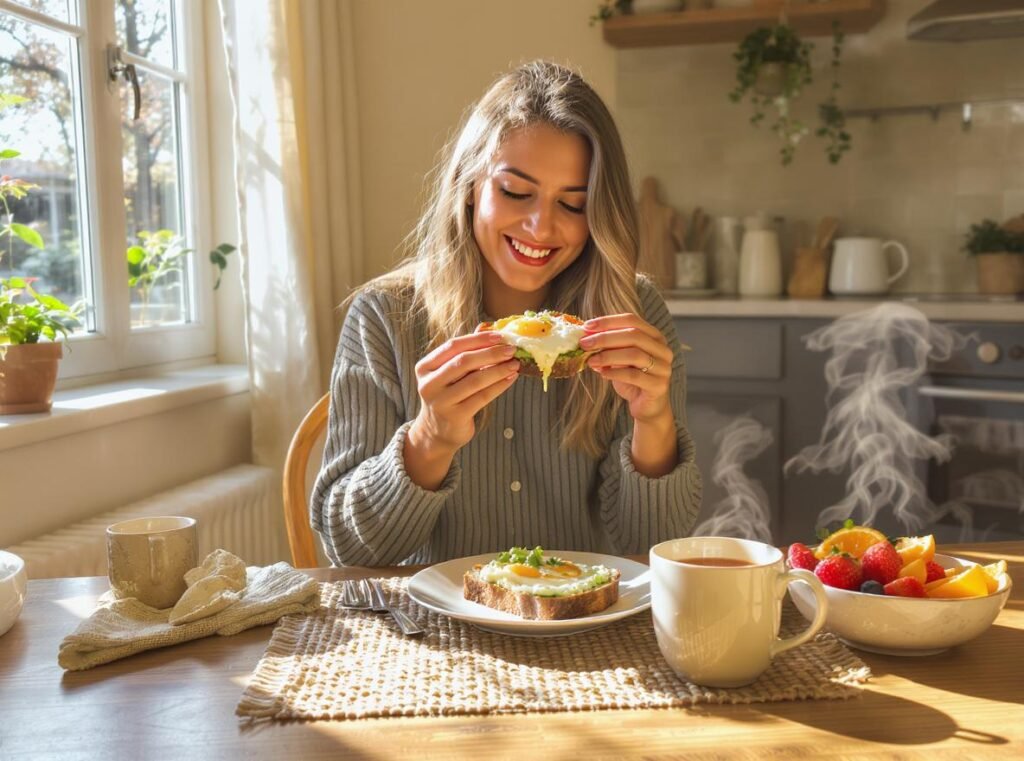 Mulher sorridente saboreando uma torrada integral com abacate e frutas, representando hábitos alimentares equilibrados e alegres com carboidratos.