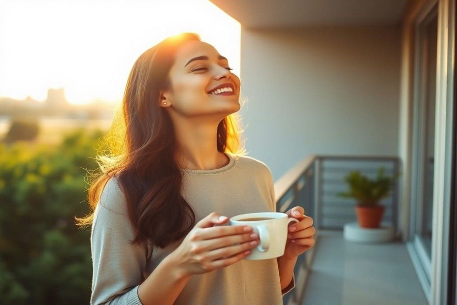 Pessoa praticando respiração abdominal sentada no chão de uma sala tranquila com luz suave.