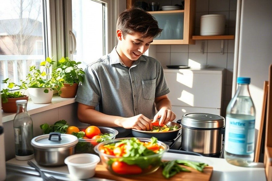 Pessoa cozinhando refeição vegetariana em cozinha com temperos plantados e recipientes reutilizáveis. alimentação sustentável
